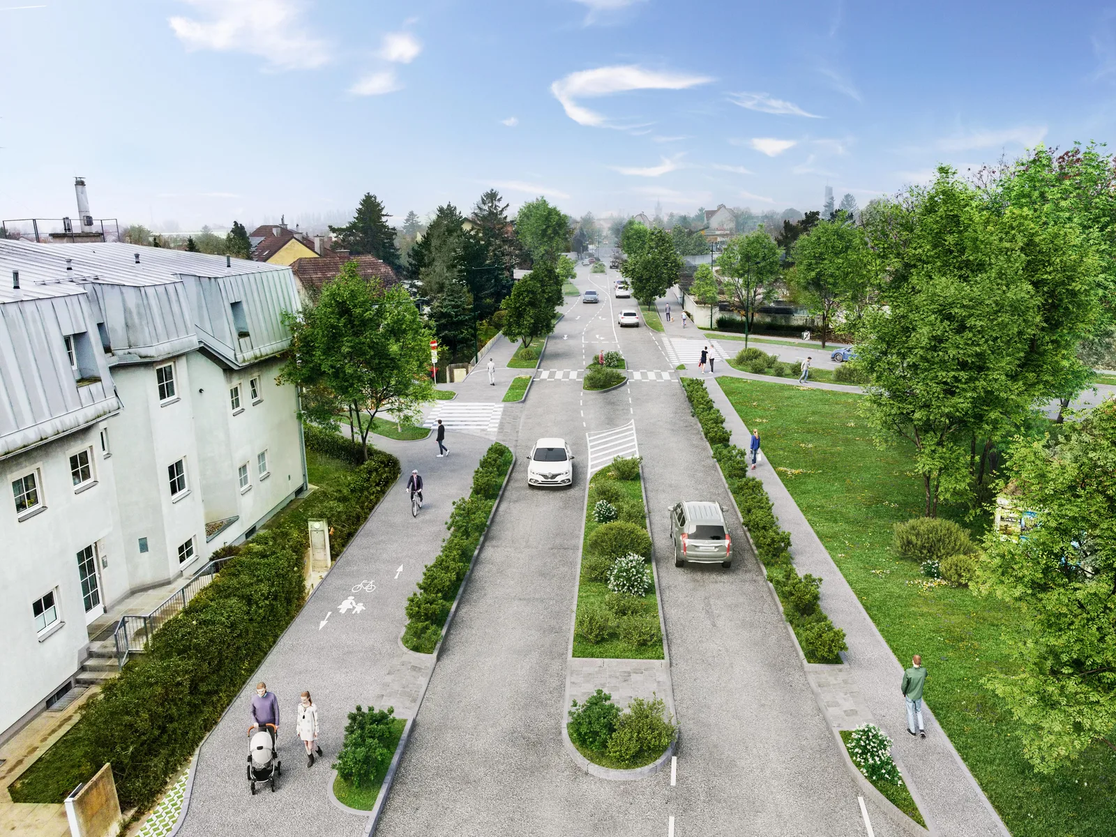 Visualisierung eines Rad- und Gehwegs entlang der Steinfeldstraße mit neu gestalteten Grünflächen