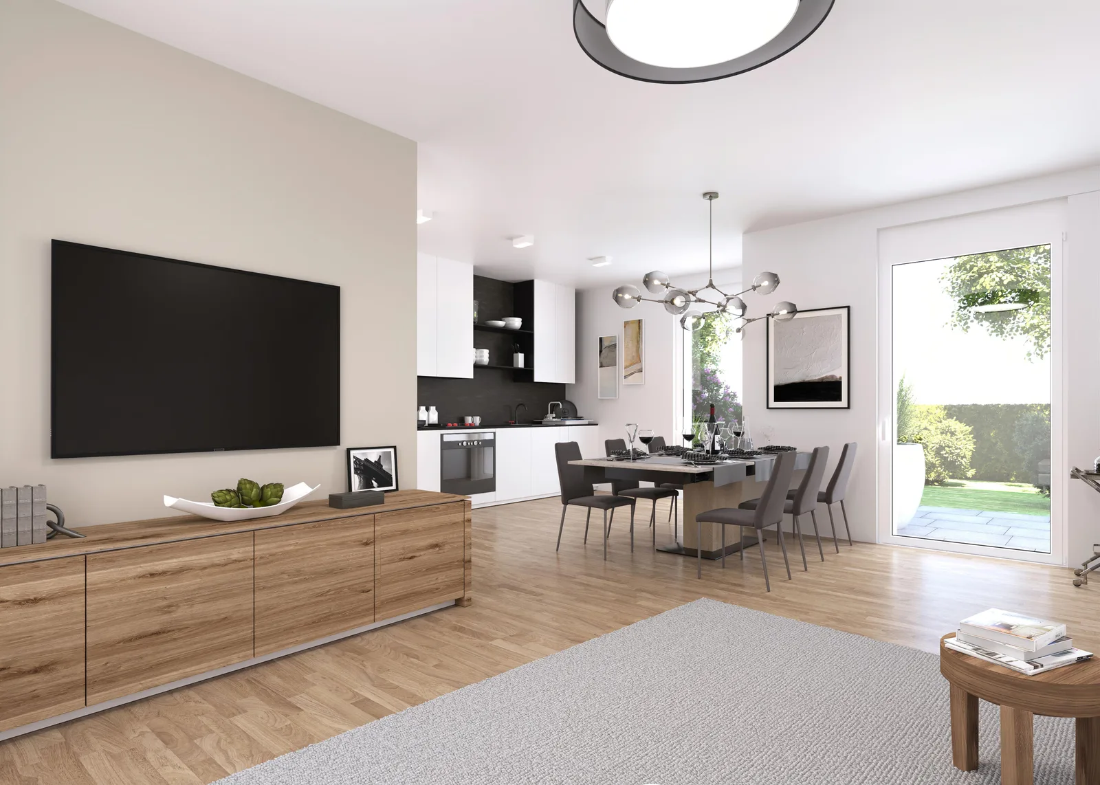 WHA Jahnstraße – geplanter Wohnraum mit Materialien und Möblierung