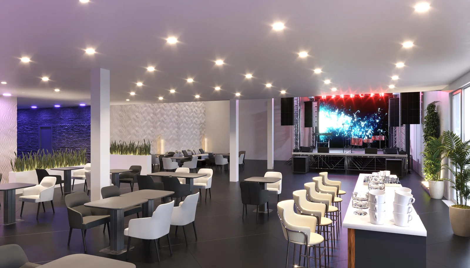 Pueblo Eventlocation mit Tischen, Bar und Bühne