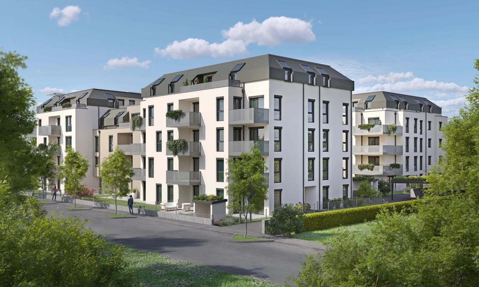 Architekturvisualisierung einer Wohnhausanlage im Kontaktbereich