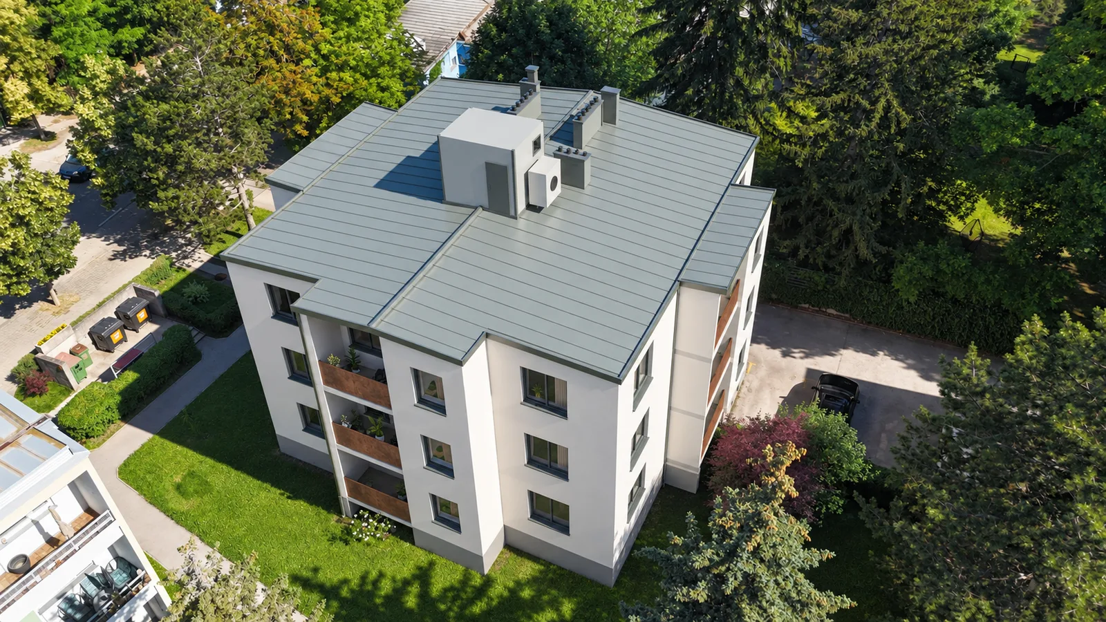 Willergasse 27 – Fotomontage der geplanten Sanierung mit neuer Fassade, Balkonen und Dachaufbau